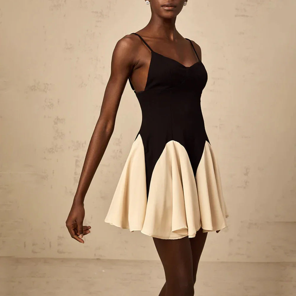 Hit Color Temperament Dresses for Women Square Neck Sleeveless Patchwork Ruffles Minimalism Dress Female Clothing