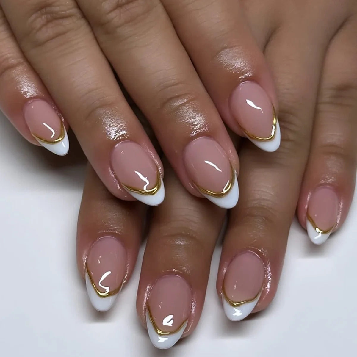24Pcs Simple Almond Fake Nails Art with Jelly Glue White French Press on False Nails 3D Golden Stripes Design Wearable Nail Tips