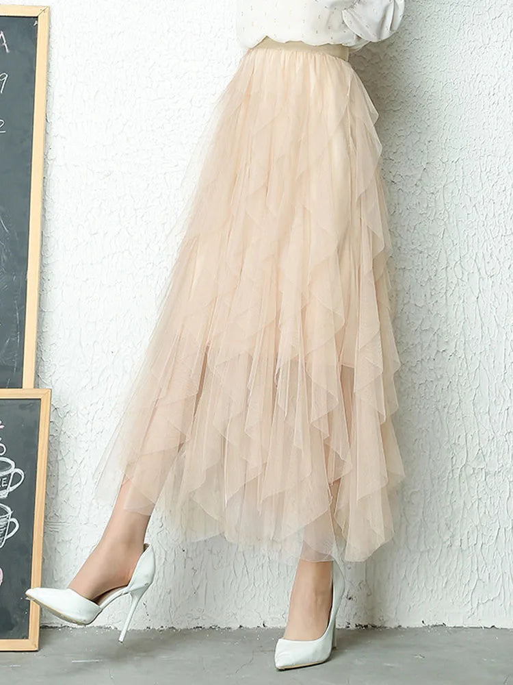 Fashion Tutu Tulle Skirt Women Long Maxi Skirt Spring Summer Korean Black Pink High Waist Pleated Skirt Female