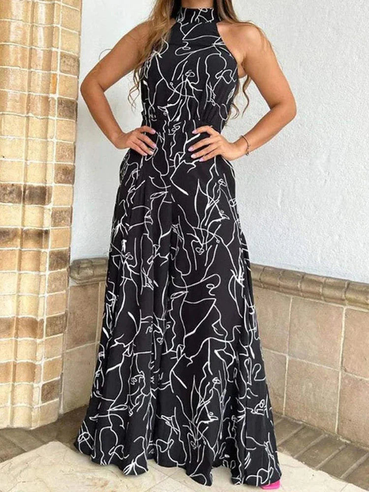 Women's Elegant Waist Halter Jumpsuit Casual Print Tie Sleeveless Wide Leg Long Pant Summer Clothing Black white