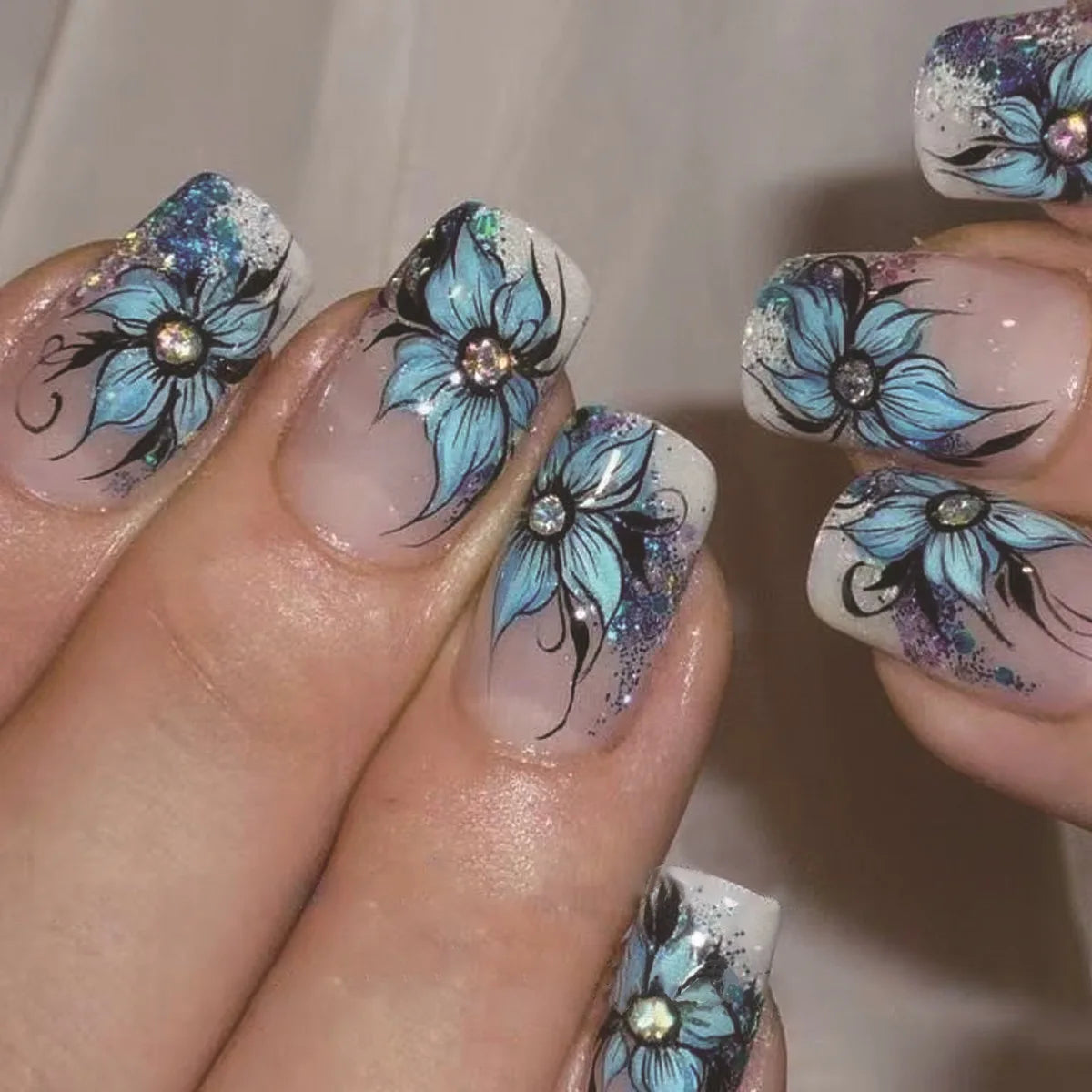 24Pcs Fake Nails with Romantic Blue Flowers Design Short Square False Nails Glitter Full Cover Nail Tips Wearable Press on Nails
