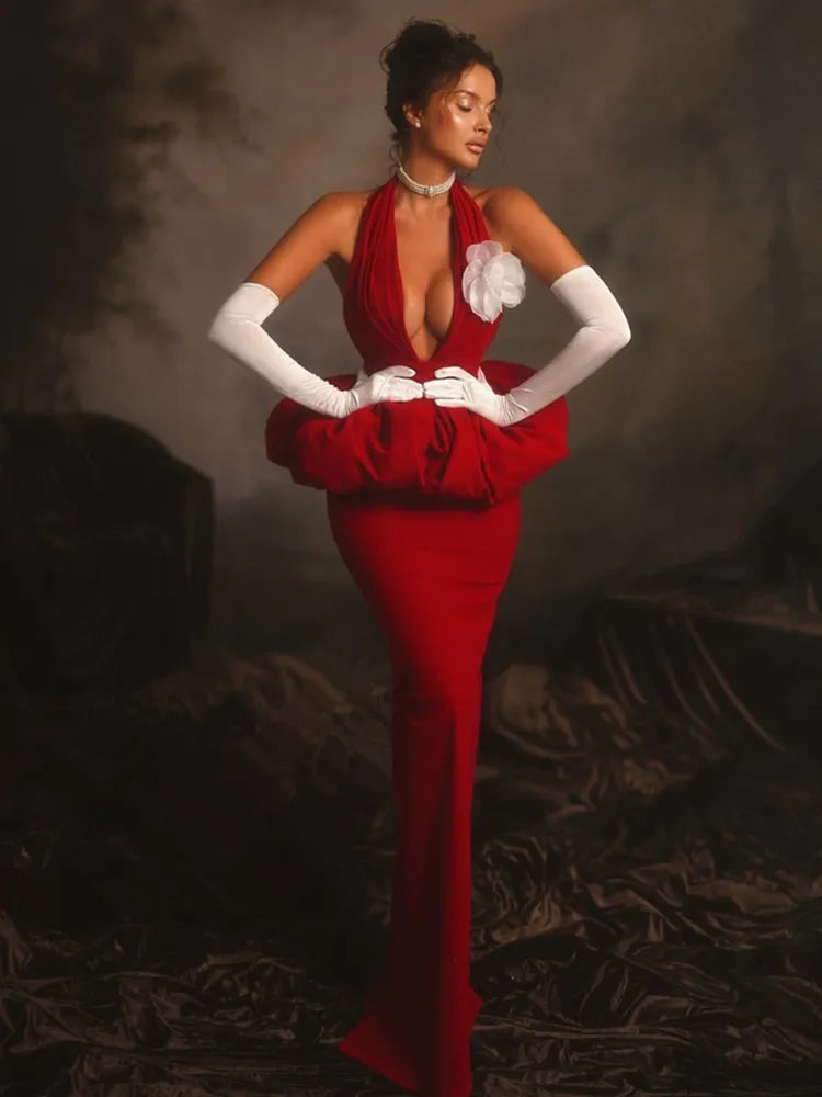 Women Celebrity Sexy Halter Backless Red Flower Maxi Long Bodycon Bandage Dress 2025 Elegant Evening Club Party Dress