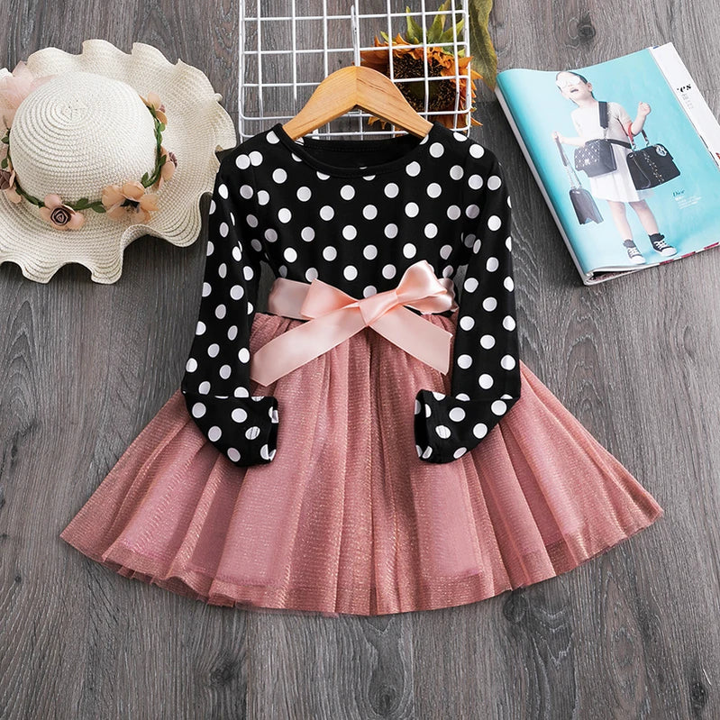 Elegant Flower Girls Dress Wedding Party Princess Dress Casual Kids Clothes Lace Long Sleeves Dress Children's Vestidos For 3-8T 218 black