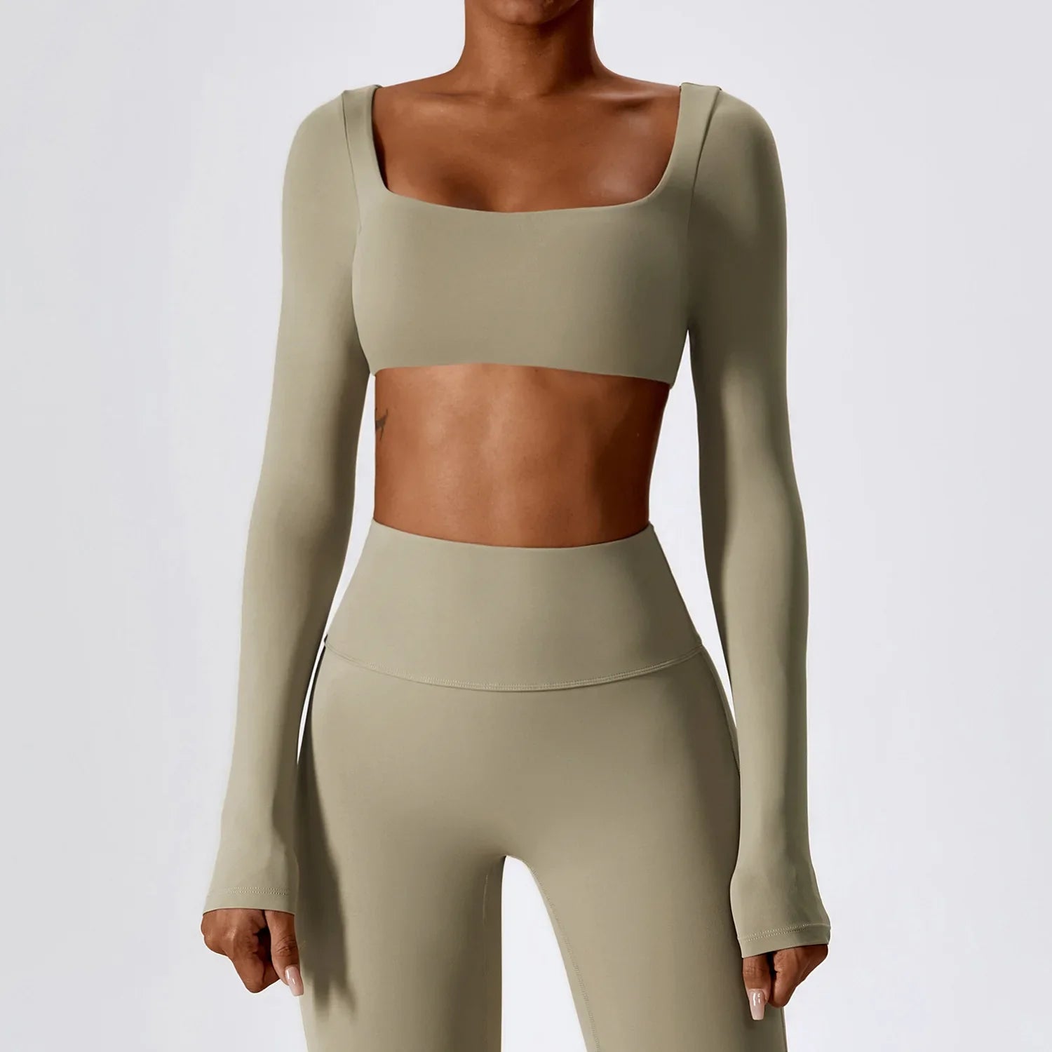 Women Crop Tops Yoga T-shirts Solid Sports Top Long Sleeve Running Shirts Sexy Exposed Navel Quick Dry Fitness Gym Sport Wear Camel palm CHINA