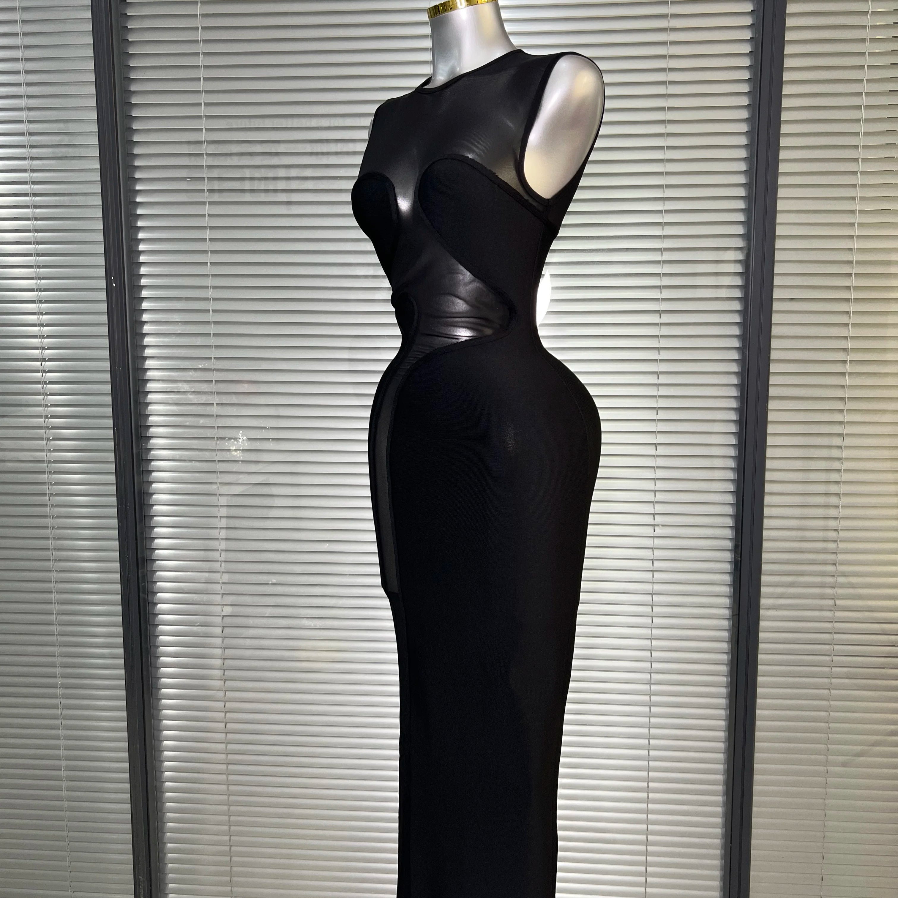 Ins New Women Black White Long Bodycon Bandage Dress Knitted Mesh Tank Evening Party Dress Vestido