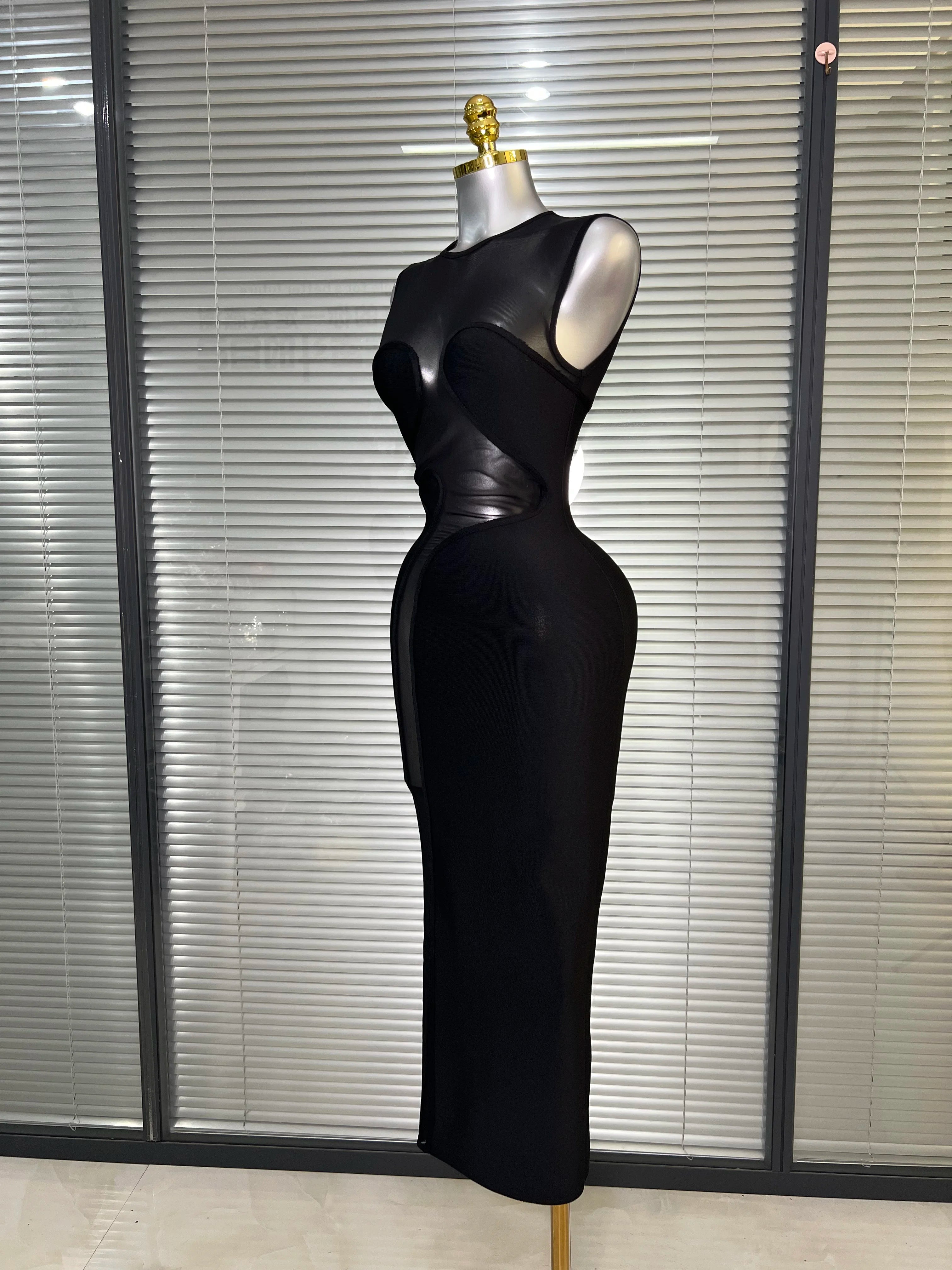 Ins New Women Black White Long Bodycon Bandage Dress Knitted Mesh Tank Evening Party Dress Vestido