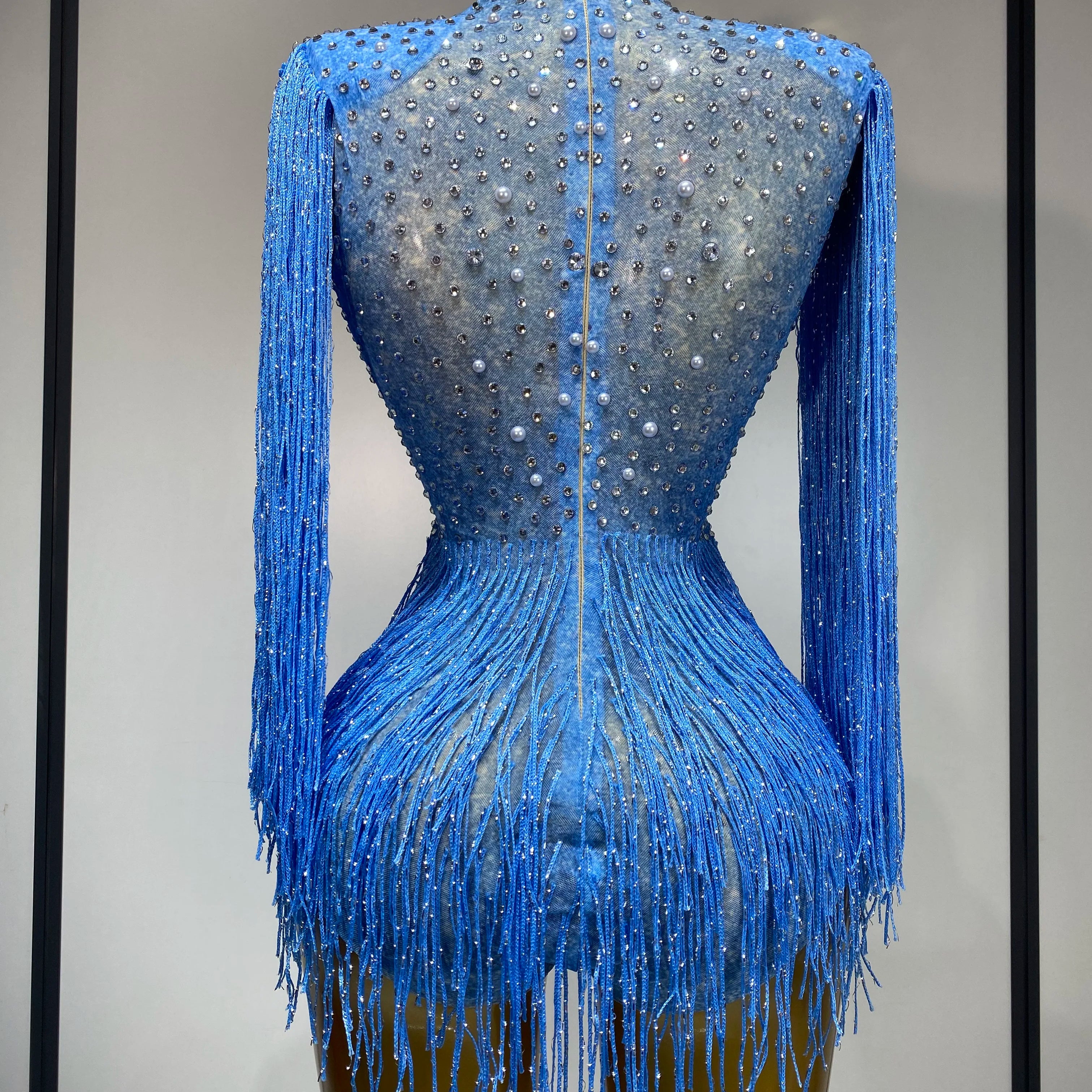 Sparkly Luxury Tassel Bodysuit High Street Strech Transparent Performance Dance Costume Nightclub Celebrate Stage Outfit