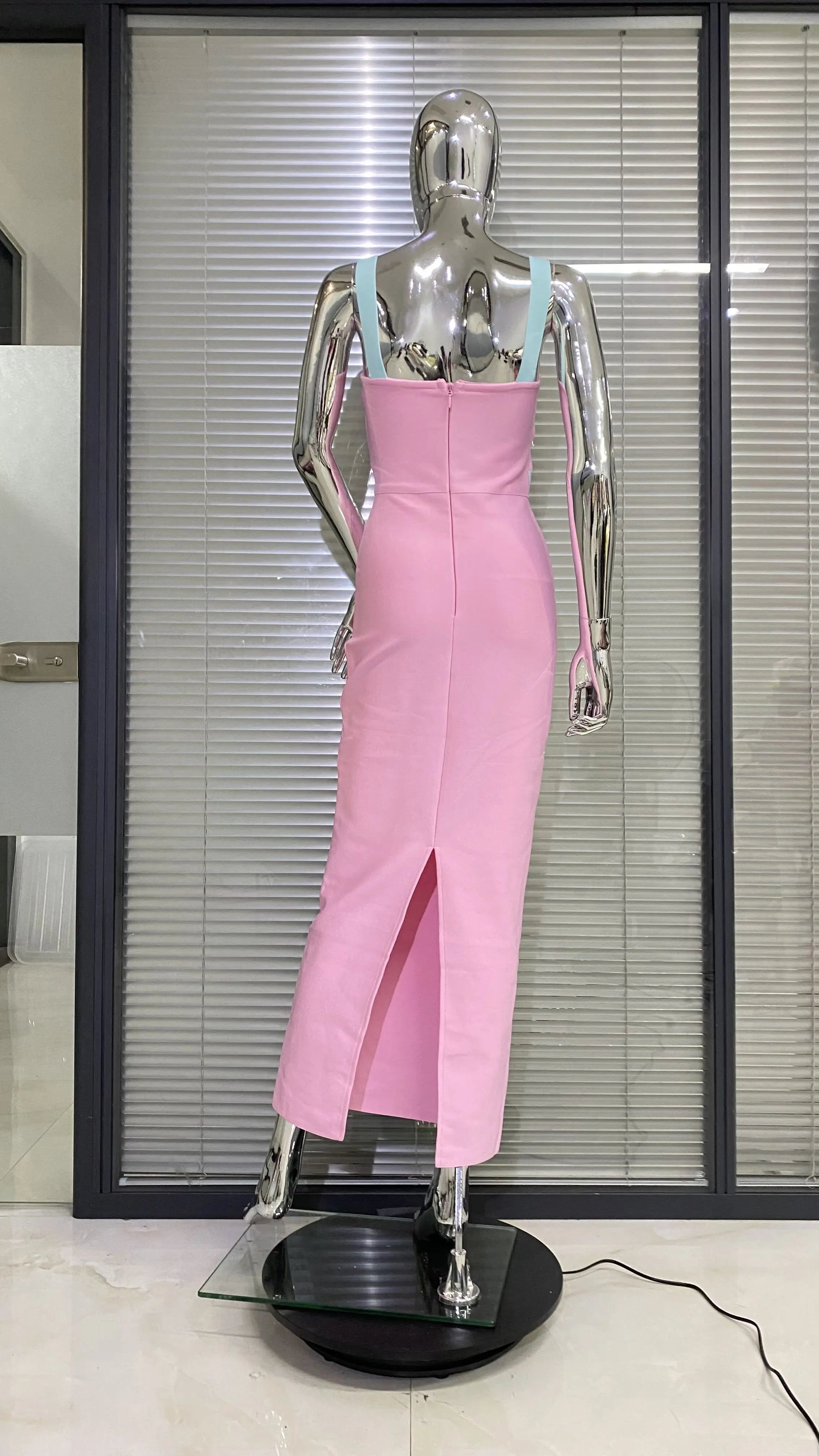 New Arrival Pink Color Sleeveless Spaghetti Strap Long Bandage Dress Graceful Woman Evening Party Dress Dinner Party Vestido