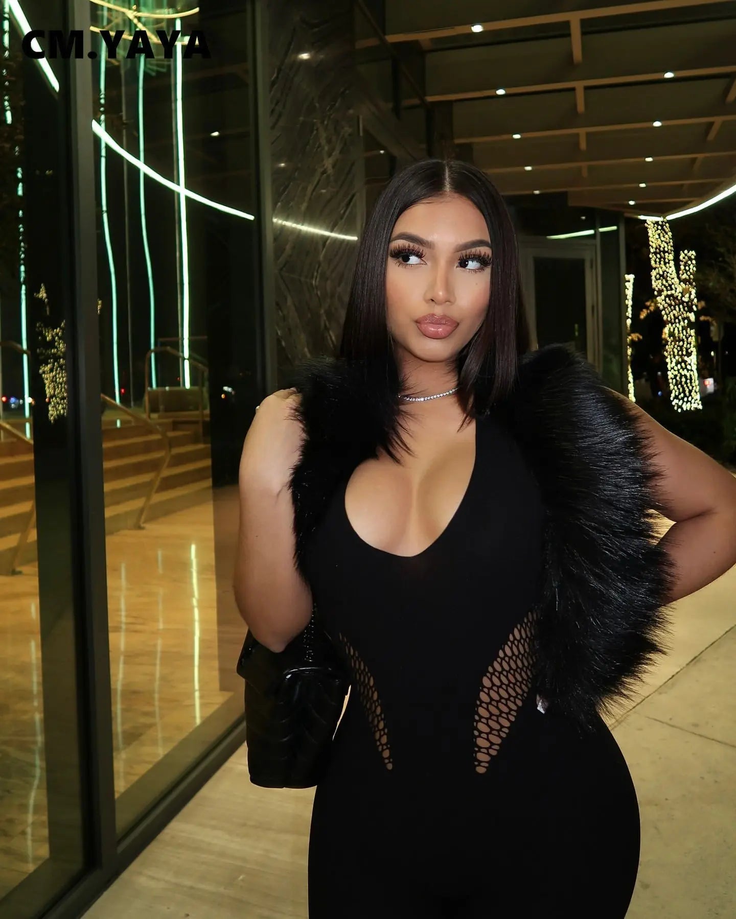 CM.YAYA Sleeveless Sexy Mesh Lace Hollow Out Women’s Jumpsuits 2025 summer v-Neck Night Club Party Pajamas One Piece Outfits