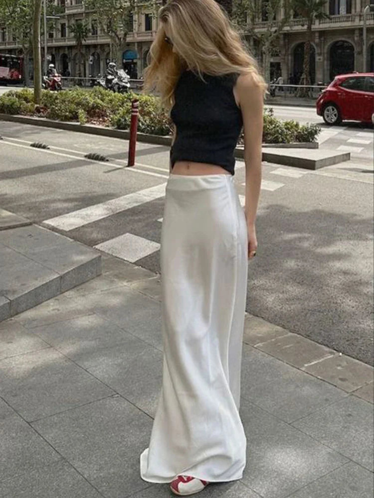 Chic Satin Maxi Skirt Female Slim High Waist Soild Black White Long Skirt Streetwear Elegant Ladies Casual Office Long Skirt