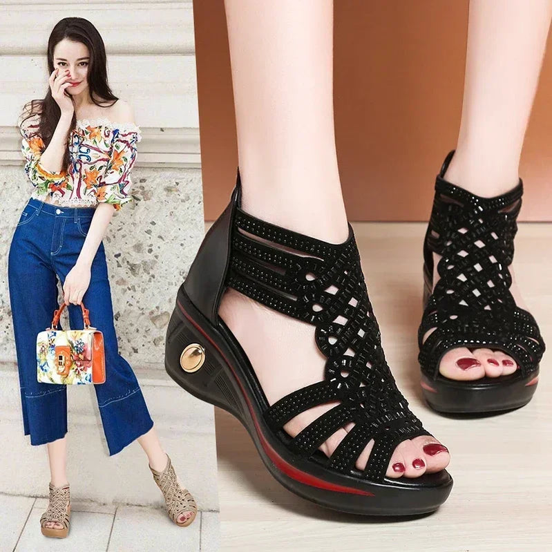 Fashion Wedge Sandals Women Summer Shoes Elegant Ladies Rome Hollow Out Sandals Female Sandalias Black Wedge Heels