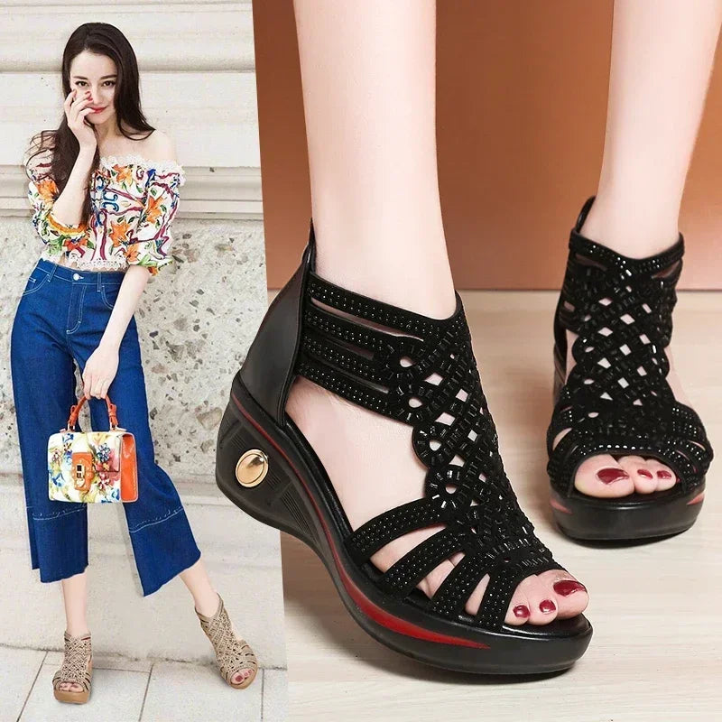 Fashion Wedge Sandals Women Summer Shoes Elegant Ladies Rome Hollow Out Sandals Female Sandalias Black Wedge Heels