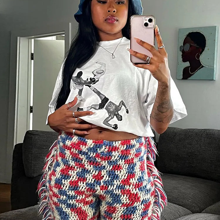 Weird Puss Knit Colorful Plaid Pants Women Fall Trend Skinny Stretch Side Furry Casual Trousers Wild Hipster Streetwear Bottoms