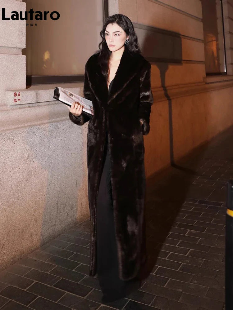 Autumn Winter Extra Long Thick Warm Faux Mink Fur Coat Women Shawl Collar Soft Maxi Elegant Fluffy Furry Overcoat 2023