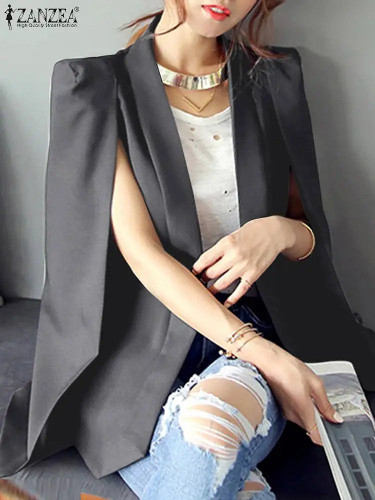 ZANZEA Autumn Shawl Collar Split Sleeve Coat 2023 Women Cloak Blazer Fashion Solid OL Cape Office Casual Suit Jacket Workwear Dark Grey