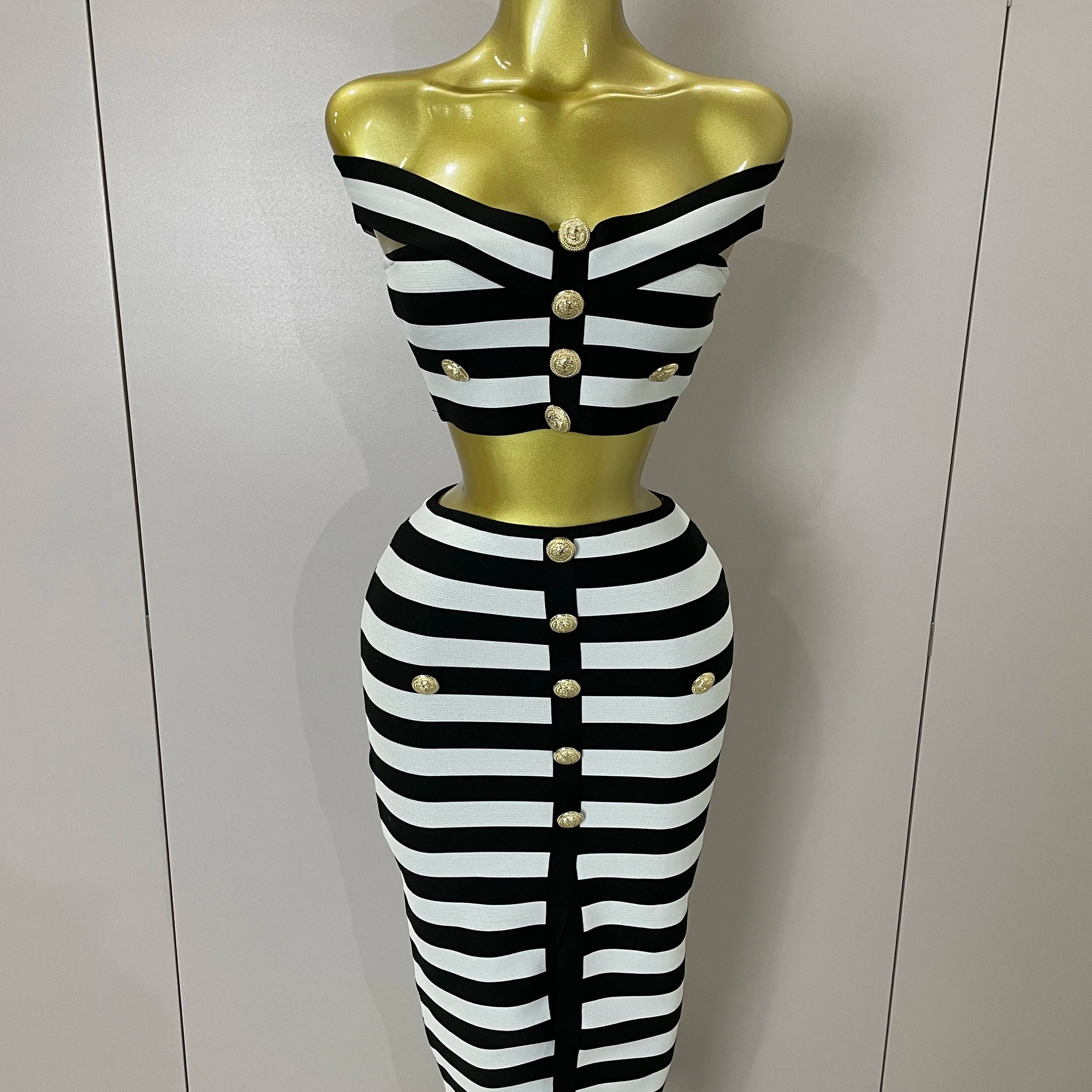 Sexy Off Shoulder Striped Button Two Piece Mini Bandage Set 2025 Women Celebrity Designer Evening Party Luxury Birthday Outfit