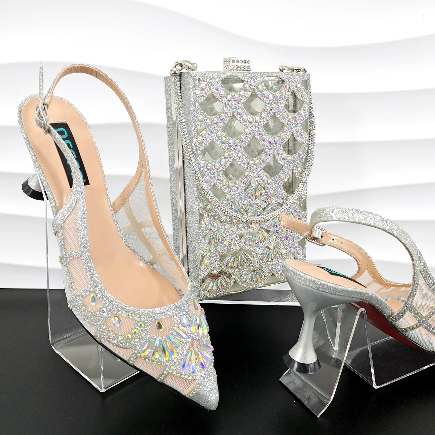 Hiking Sandals Women's Elegant Party Shoes High Heels Hollow Shoe Pocket Design with Shiny Rhinestone Decoration SILVER