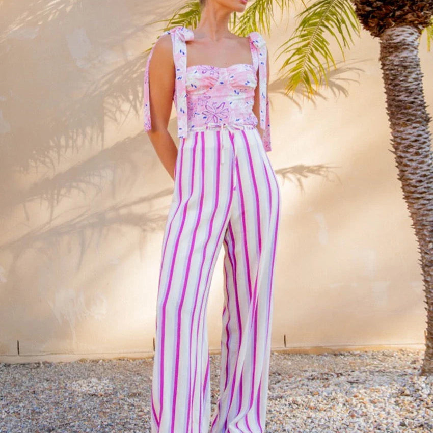 Clacive Summer Loose Print 2 Piece Sets Women Outfit Fashion Sleeveless Tank Top With High Waist Wide Pants Set Streetwear