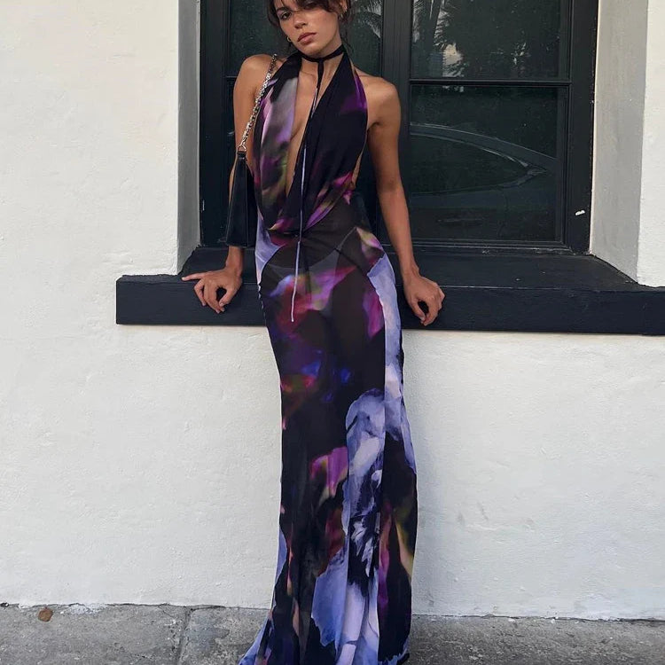 Backless Maxi Dress Women Sexy Purple Print Halter Bodycon Dress Summer Beach Outfits Elegant Sleeveless Club Party Dress 2022