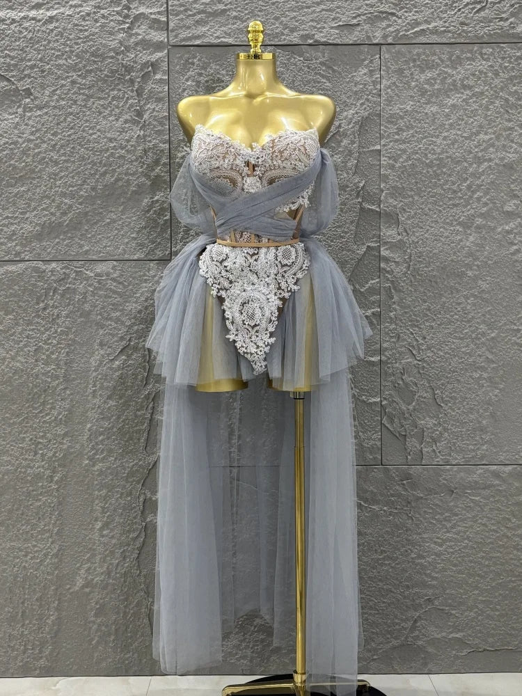 STOCK Women Sexy Strapless Laced-up Mesh 2 Pieces Long Maxi Dress Celebrate Evening Party Birthday Prom Outfit