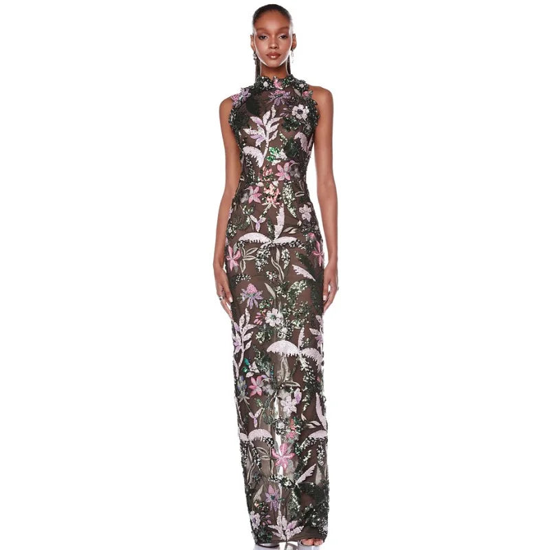 2024 Sequin Flowers Embroidery O-Neck Sleeveless Sheath Ankle Length Dress Gracful Woman Evening Dress Celebrity Party Outfit