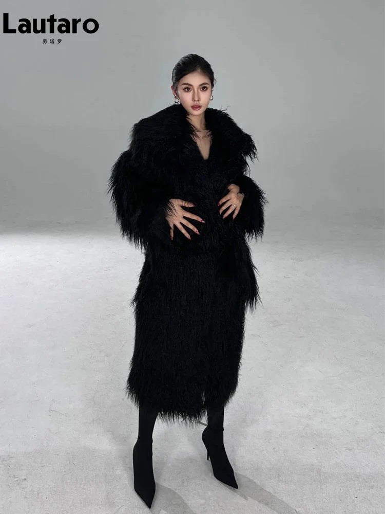 Winter Long Black Hairy Shaggy Thick Warm Soft Fluffy Faux Fur Coat Women Sashes Luxury Designer Overcoat Runway Fashion