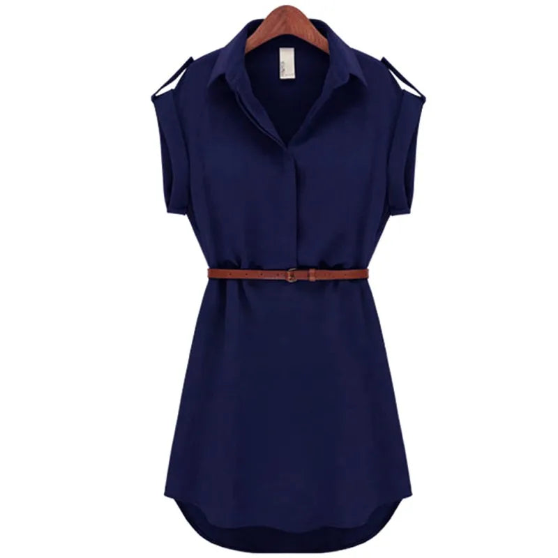 Women Dress A-Line Chiffon Casual Fashion Short Sleeve OL Dress With Belt Dresses N