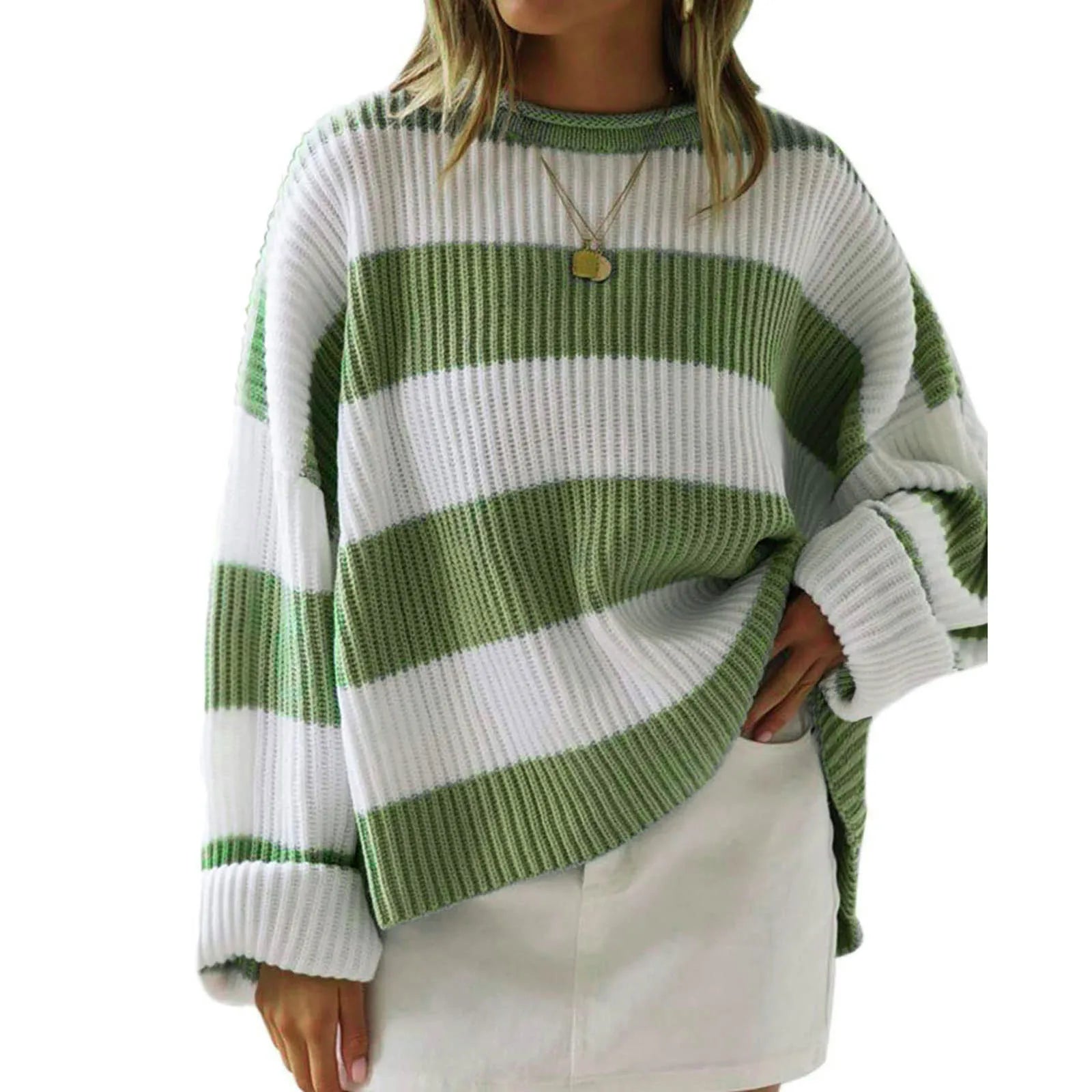 Women Stripe Print Cable Knit Round-Neck Long Sleeve Sweaters Fall Winter Loose Sweater Thick Cozy Chunky Knitwear green