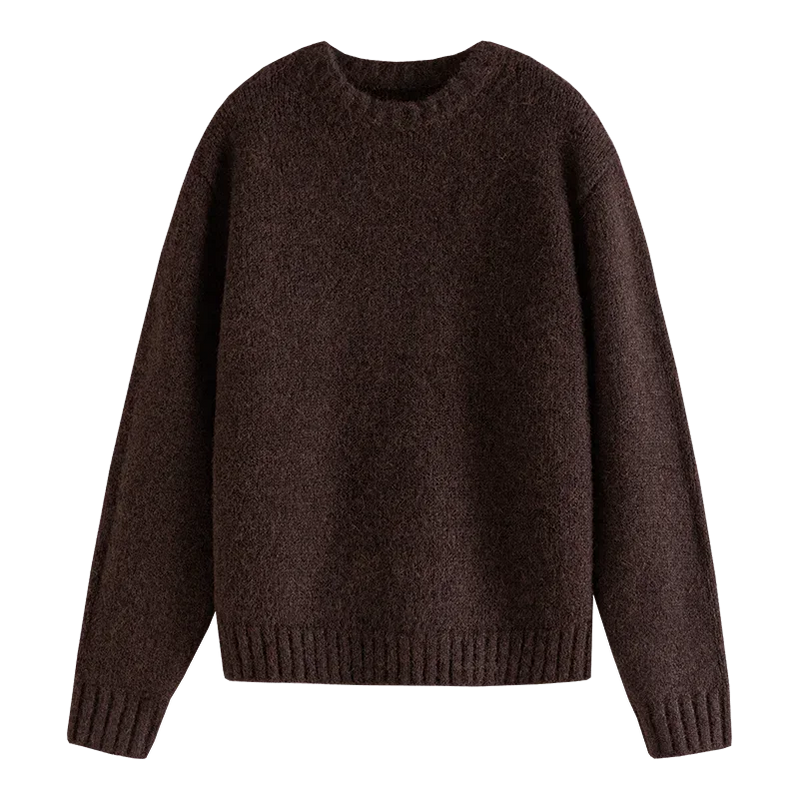 Warm Soft Waxy Round Neck Pullover Sweater for Women Winter All-match Loose Sweater Female Dark Brown