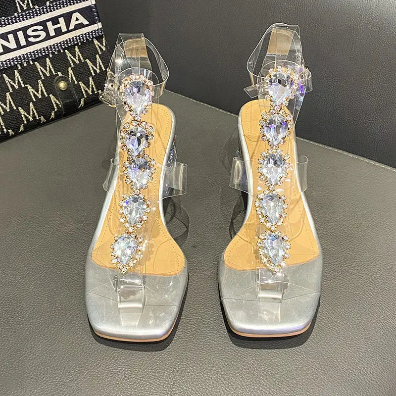 Plastic Sandal Block Heels Summer Sale Of Women's Shoes Suit Female Beige Buckle Strap All-Match Transparent Chunky Fashion Silver