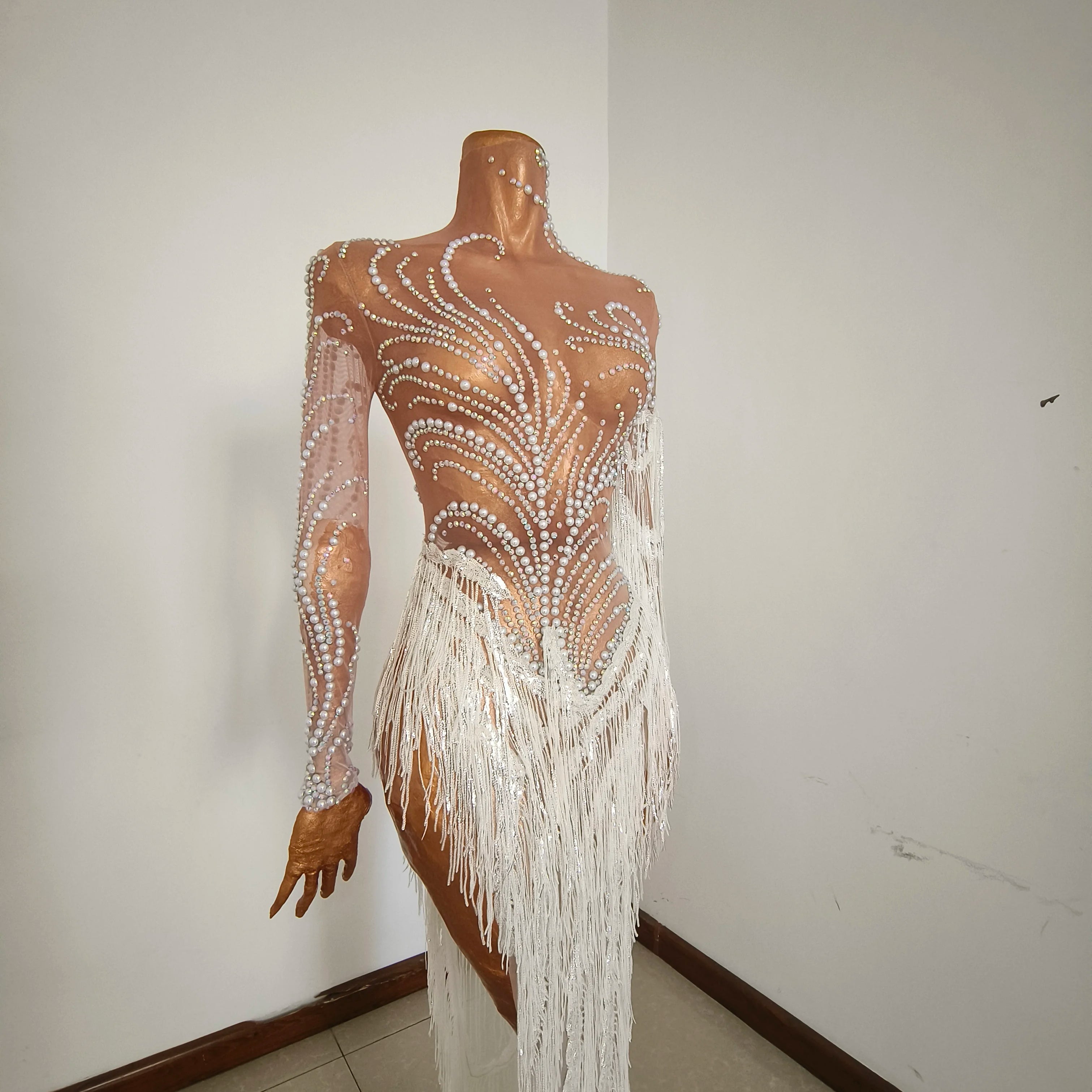 Sparkly Rhinestone Sequins Tassel Sexy Mesh See Through Dress Women Evening Birthday Party Nightclub Dance Singer Stage Outfit