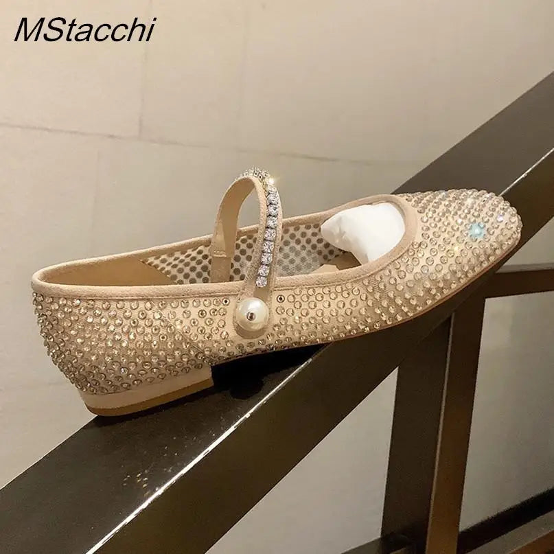 Mesh Crystal Pearl Flat Shoes Woman Square Toe Office Lady Luxury Shoes Big Size Mary Janes Shoes 2025 Spring Single Shoes