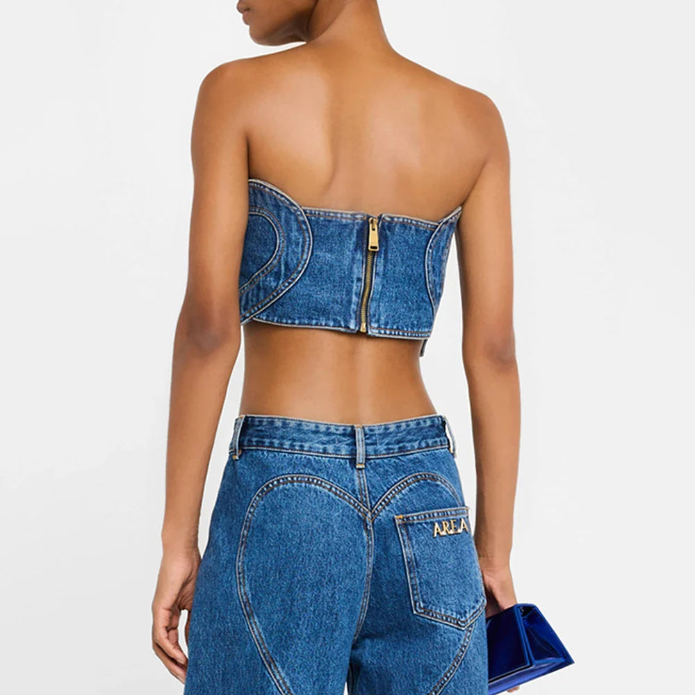 Soild Two Piece Sets for Women Straplelss Sleeveless Vest High Wiast Patchwork Hollow Out Jeans Elegant Set Female