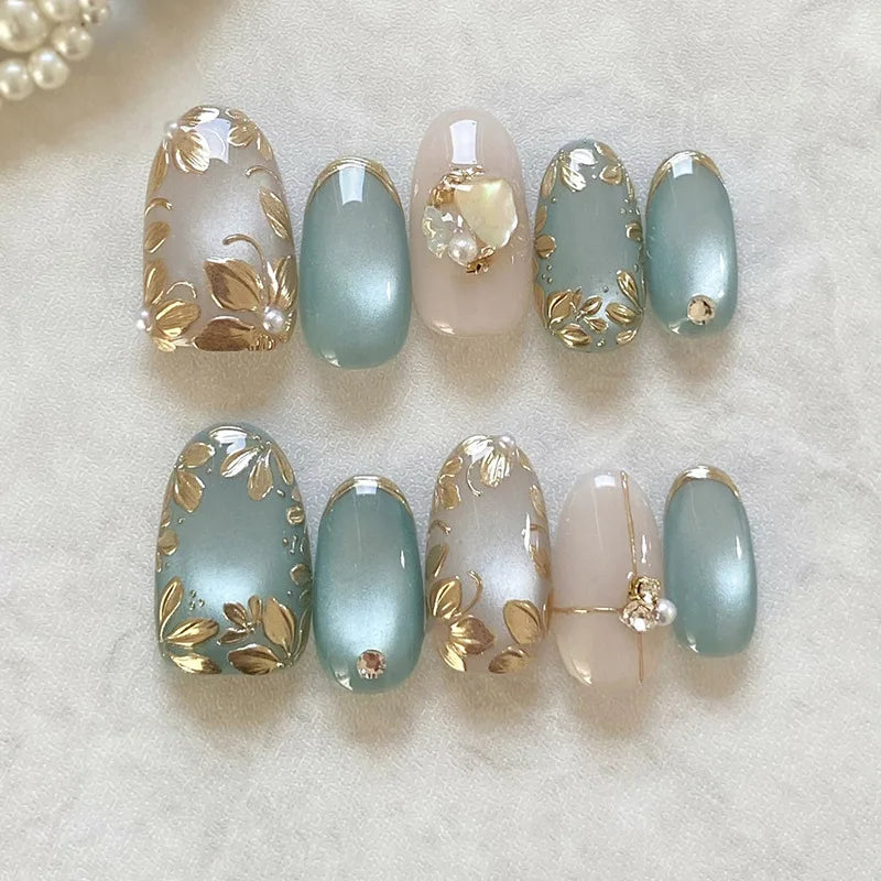 24pcs False Nails Glossy Green Summer Almond Fake Nail Tips Wearable Detachable Fashion Flower Print Press on Nails for Girl