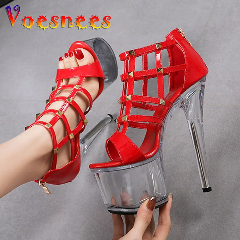 Super High Heel 16.5CM Summer Metal Rivet Sandals 2022 Chic Sexy Hollow Out Net Transparent Platform Nightclub Ladies Shoes