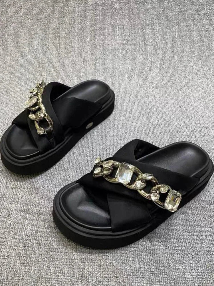 Women Crystal Slippers Chain Flats Platform Sandals Summer Ladies Casual Home Slides Women Beach Shoes Flip Flops Mujer