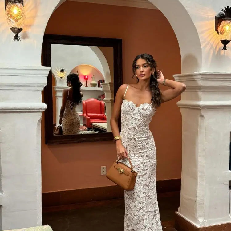 New Arrival Women Sleeveless Sexy Strap Square Collar Lace Bodycon Long Dress Fashion Celebrate Birthday Vacation Party Dress