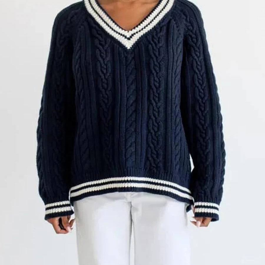 Women Cable Knitted Contrast Trim V Neck Sweaters Y2k Vintage Long Sleeve Pullover Striped Loose Preppy Jumper Top Streetwear