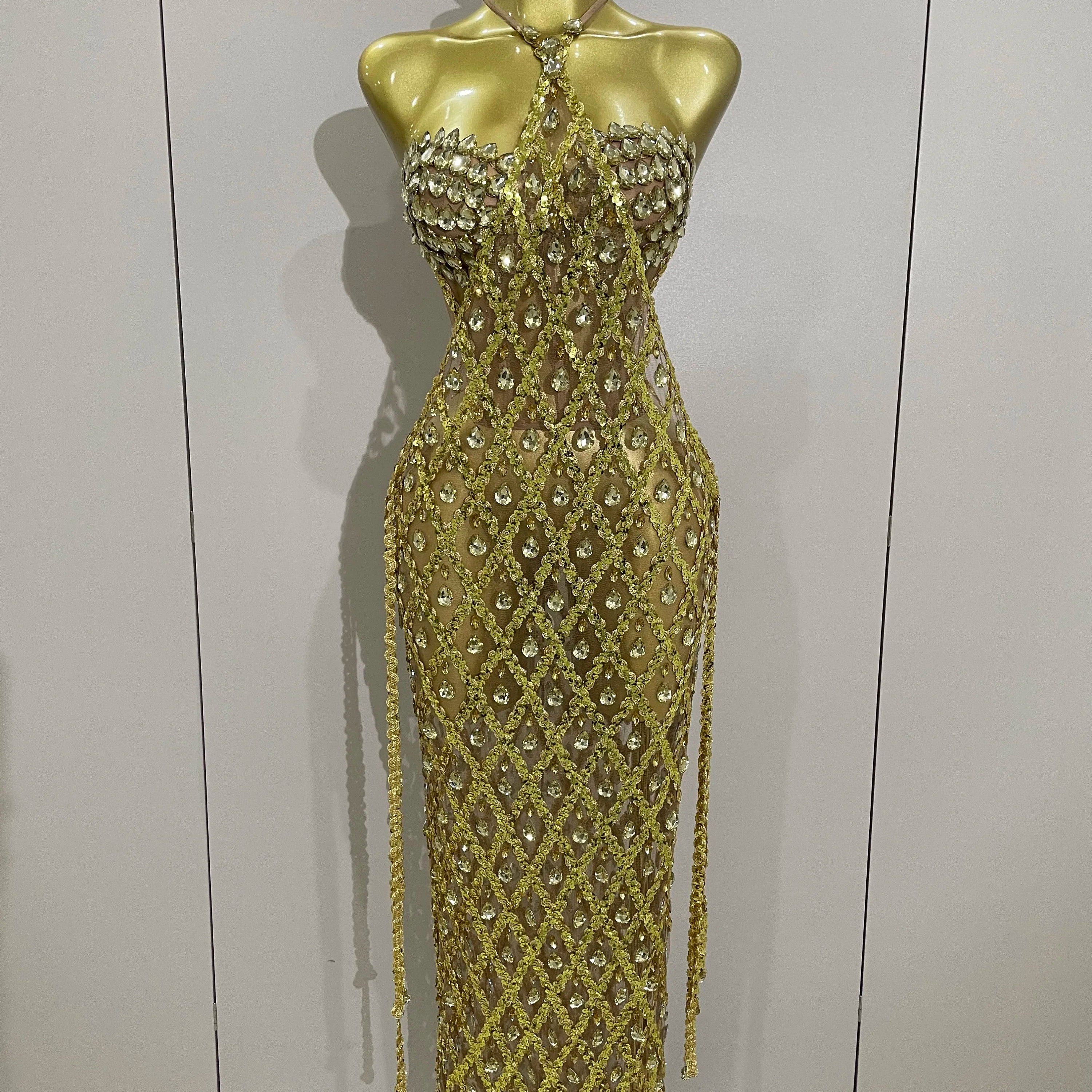 Stock Sexy Sparkly Gold Rhinestones Sleeveless Mesh Two Piece Long Dress 2025 Women Birthday Party Celebrate Prom Stage Costume