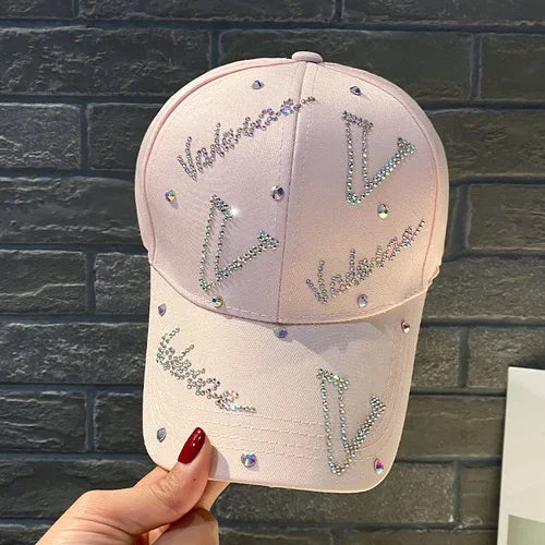Women with Diamond Hat Spring and Autumn Sun Protection Cap Small Letter Rhinestones Summer Fashion Baseball Cap pink 55-58cm
