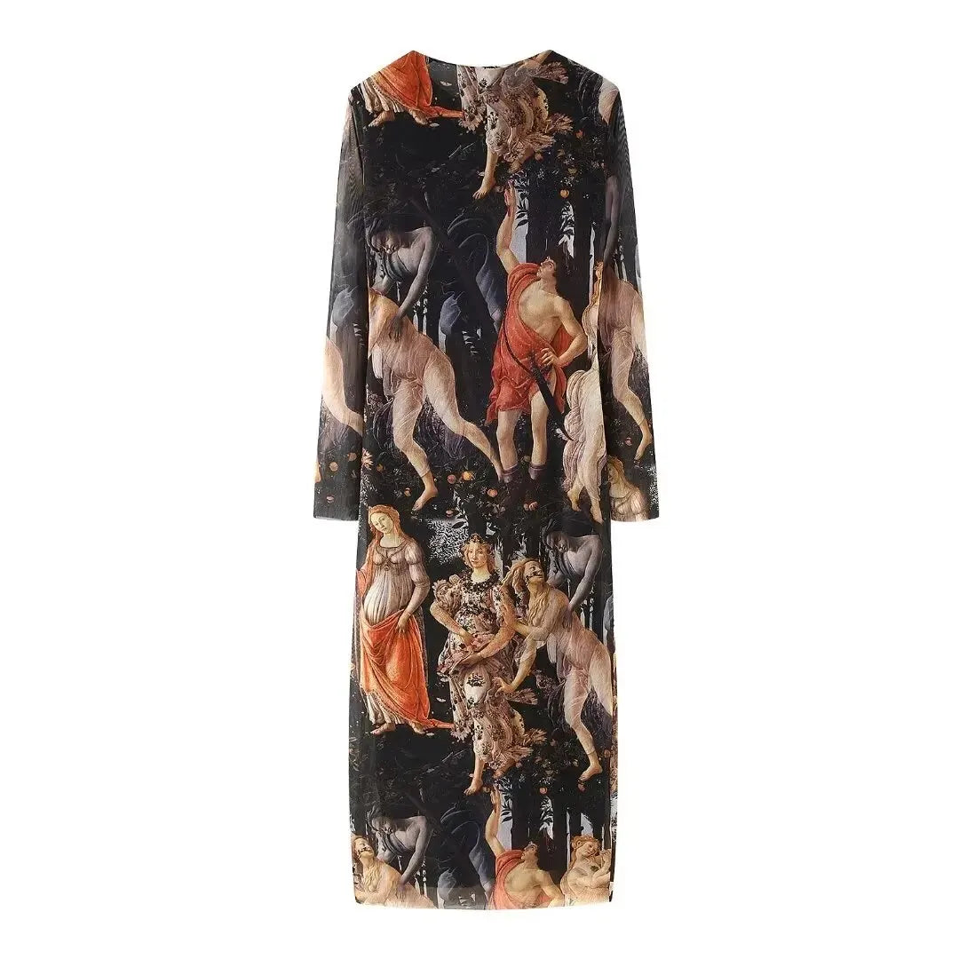 Women Fashion Oil Painting Printing Mesh Slim Midi Dress Female Chic O Neck Long Sleeve Casual Party Vestidos
