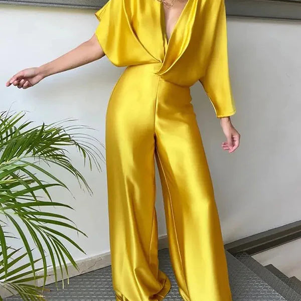 Missuoo 2023 New Women's Solid Color Jumpsuit Spring Summer Adult Female V-neck Sexy Short Sleeves High Waist One-piece Suits Yellow