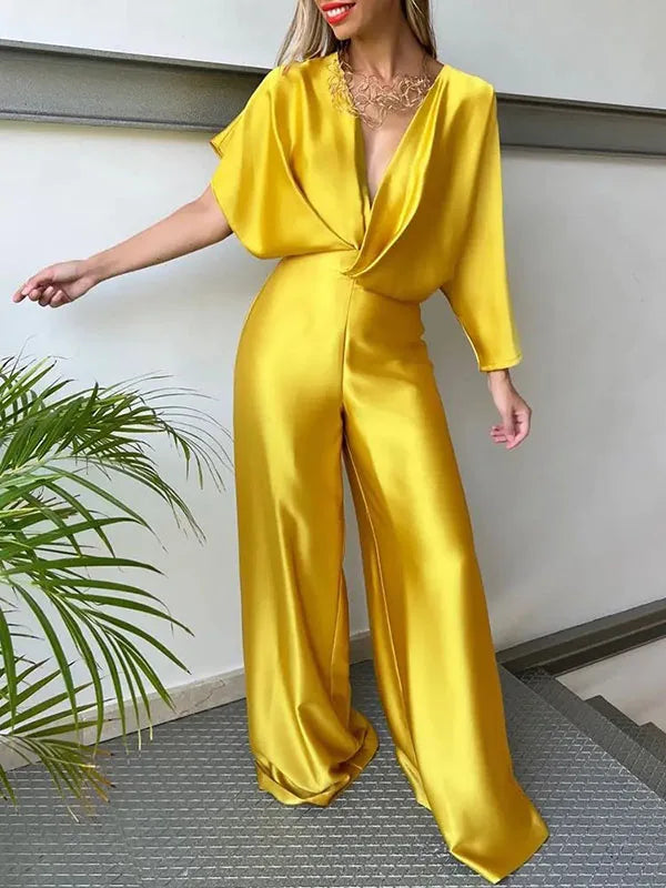 Missuoo 2023 New Women's Solid Color Jumpsuit Spring Summer Adult Female V-neck Sexy Short Sleeves High Waist One-piece Suits Yellow
