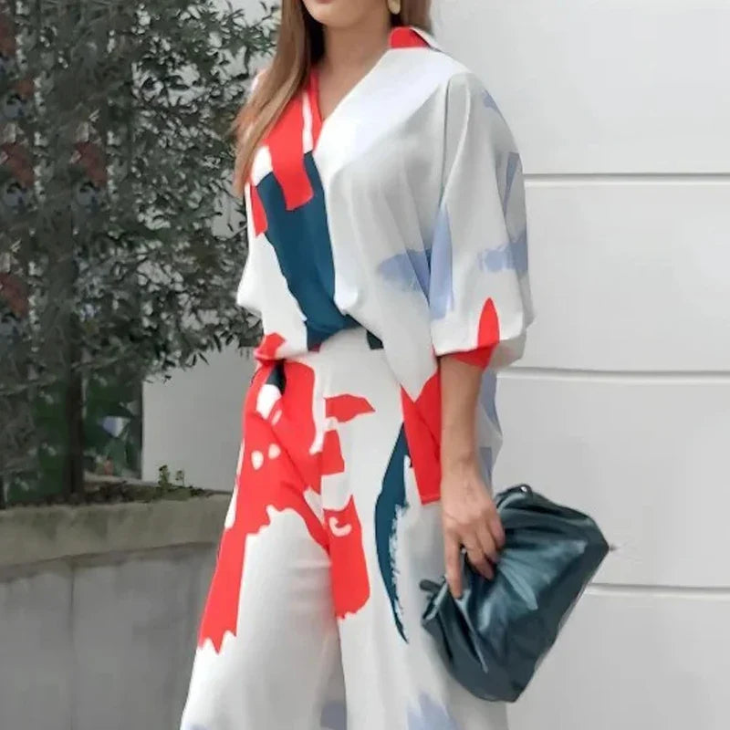 Waytobele Women Two Piece Set Casual Abstract Print V Neck Laple Lantern Sleeve Long Top Loose Wide Legs Pants Sets Streetwear