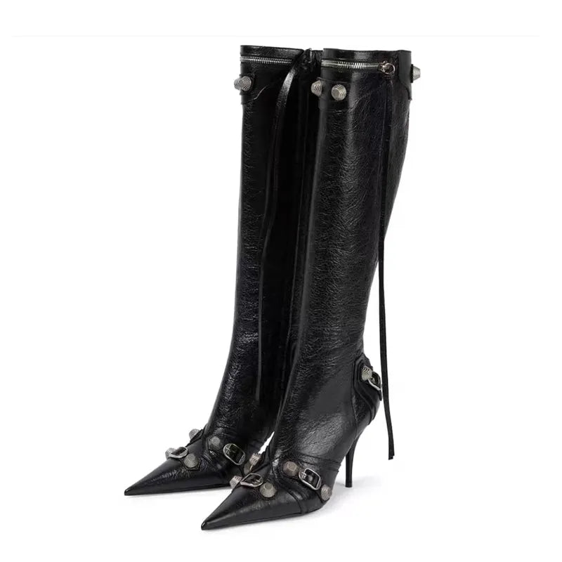 Paris Station Fashion Women's Boots Denim Pointed High Heel Boots Sexy Rivet Boots Show Party Over Knee 46 Large Boots