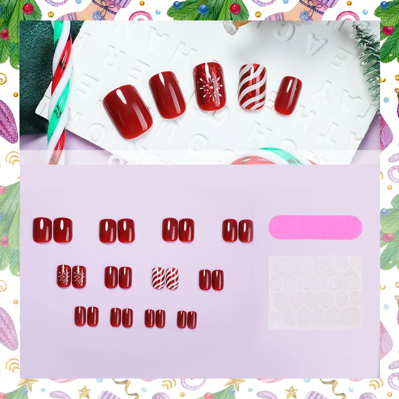 Christmas Fakse Nails 24Pcs Glossy Red Almond Press On Nails Snowflake/Striped Printed Women New Year Party Charm Manicure