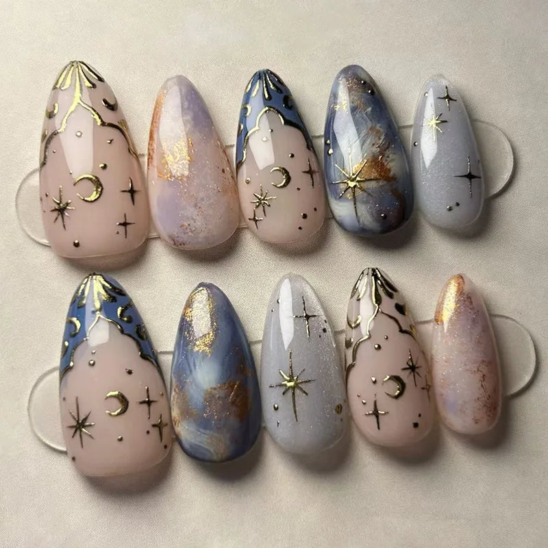 24Pcs Short Oval Rhinestone Spice Girl False Nails Full Cover Gold Powder Butterfly Ripple Pattern Wearable Green Nail Patch Set