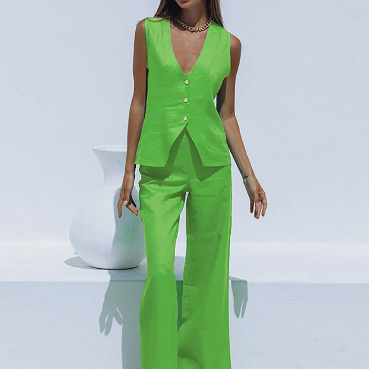 Mnealways18 Ladies Office 2 Pieces Womens Suits Vest Top And Wide Leg Pants Outfits Cotton Linen Summer Fashion Green Sets
