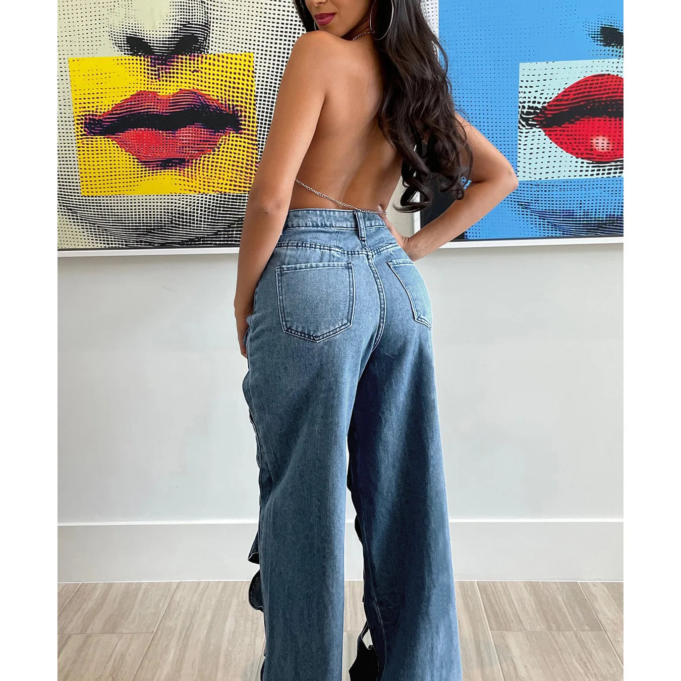 CM.YAYA Women Vintage Cutout Hollow Out Criss Cross Straight Denim Pants 2024 Fashion INS High Waist Wide Leg Jeans Trousers