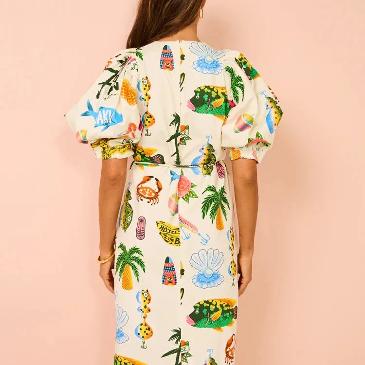Women Hawaii Holiday Print Long Dress Short Sleeve Sashes Empire Waist Loose Vintage Retro Ladies Summer Beach Drsses NEW